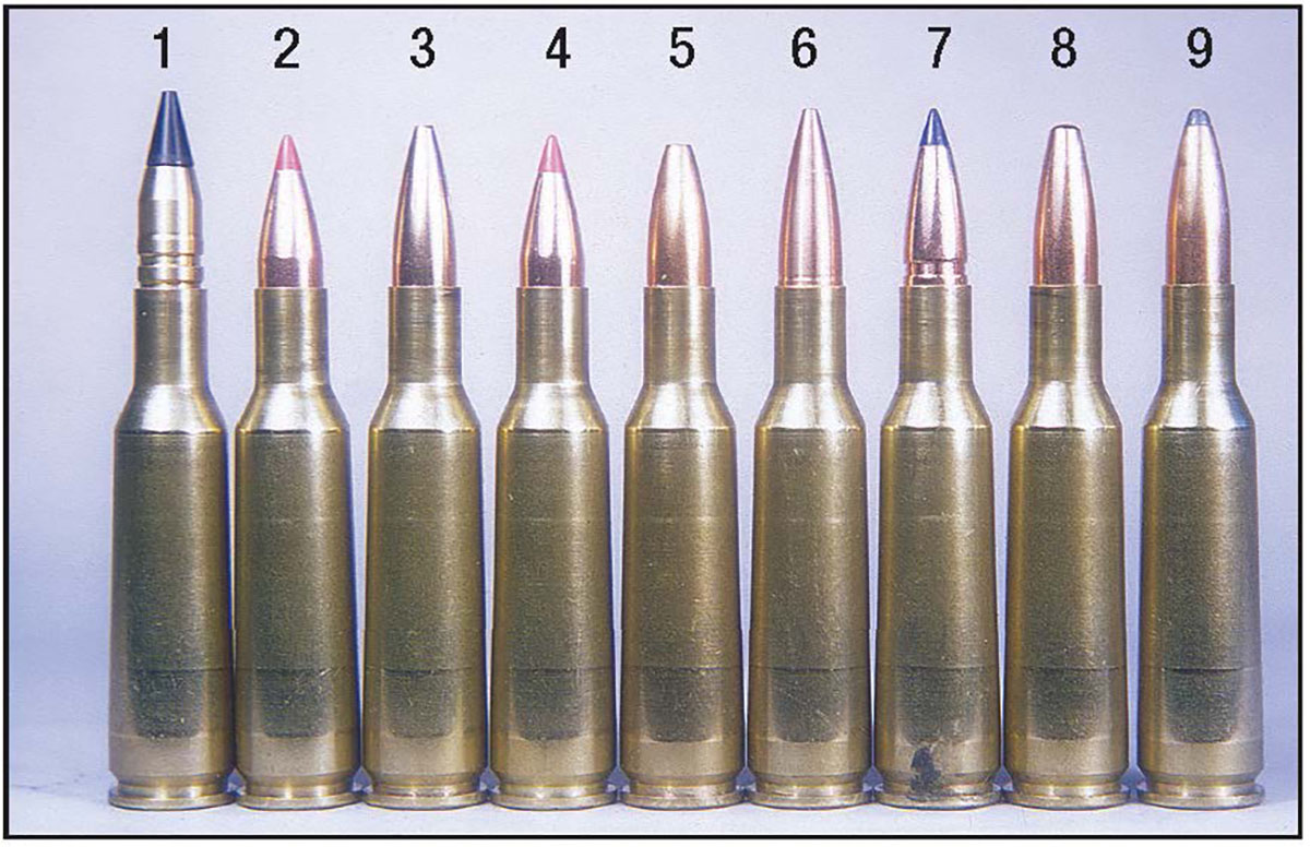 Lighter-weight bullets used in testing include the (1) Cutting Edge 55-grain Raptor, (2) Hornady 58-grain V-MAX, (3) Speer 70 TNT, (4) Hornady 75 V-MAX, (5) Sierra 75 HP, (6) Cutting Edge 77 MTH, (7) Barnes 80 TTSX-BT, (8) Hornady 80 FMJ and (9) Winchester 80-grain PSP.